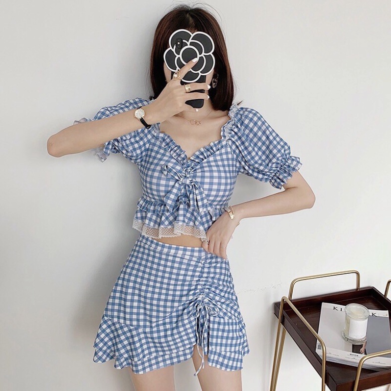 Bikini Đi Biển 2 Mảnh Đồ Bơi Dạng Váy LUHAZO Sang Chảnh Cao Cấp Kẻ Caro Xanh 8209 B-25