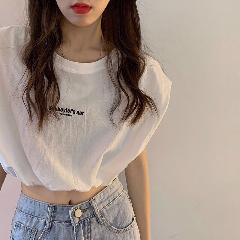Mùa hè phiên bản Hàn Quốc của chiếc áo thun tay ngắn eo ngắn rộng rãi eo lưng cao lộ rốn mặc quần áo học sinh