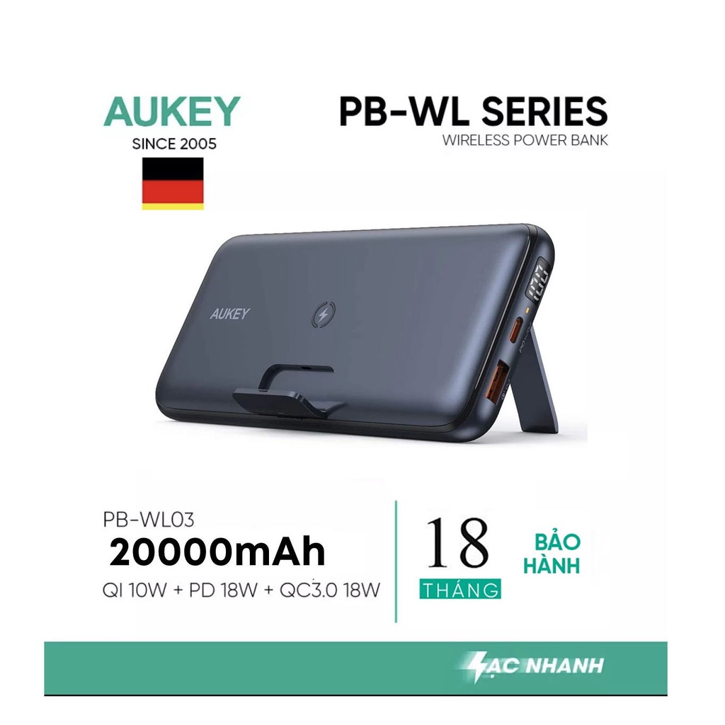 Sạc dự phòng không dây Aukey PB-WL02 10000mAh PB-WL03 20000mAh, Sạc Nhanh iPhone PD 18W,QC 3.0,Sạc Không Dây 5W 7.5W 10W