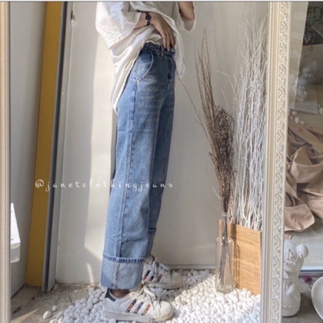 [Mã FAMARAL1 giảm 10K đơn 50K] QUẦN JEAN SUÔNG CẠP CAO MÀU XANH CHO NỮ