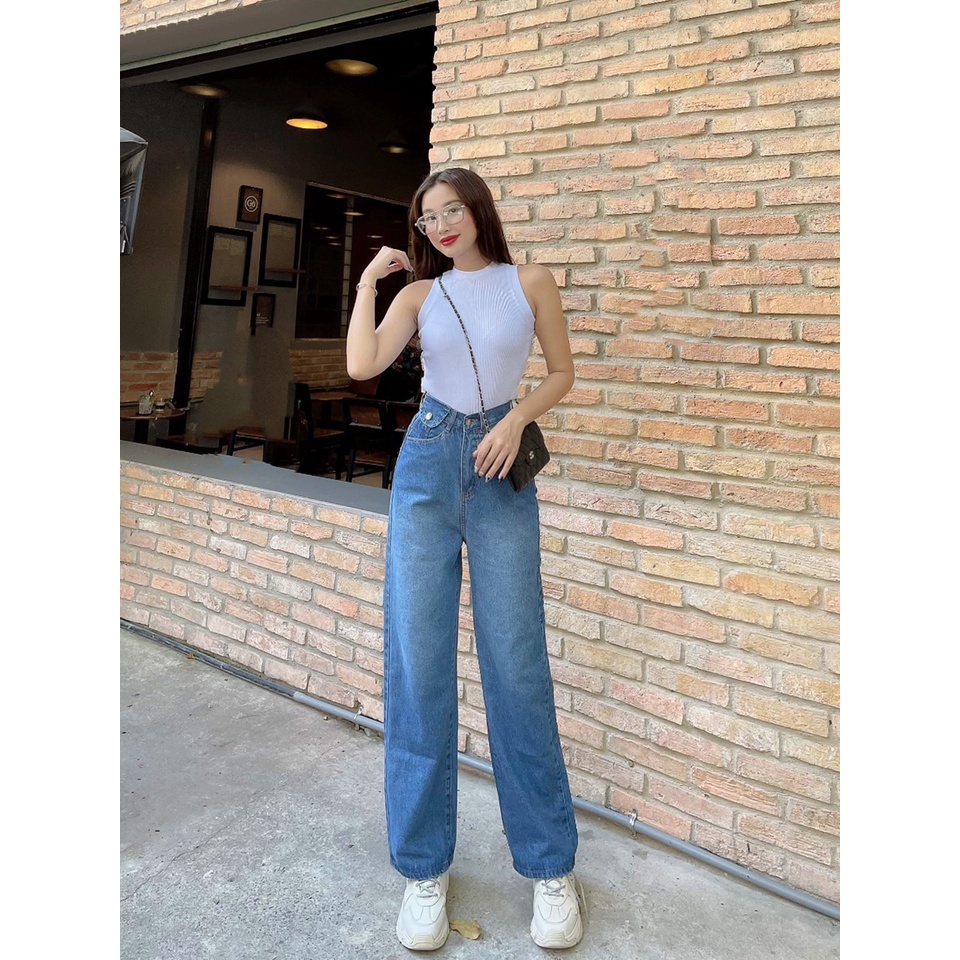 Quần jean nữ ống rộng túi nắp phía trước màu xanh, quần bò nữ lưng cao dáng suông basic OHS3907
