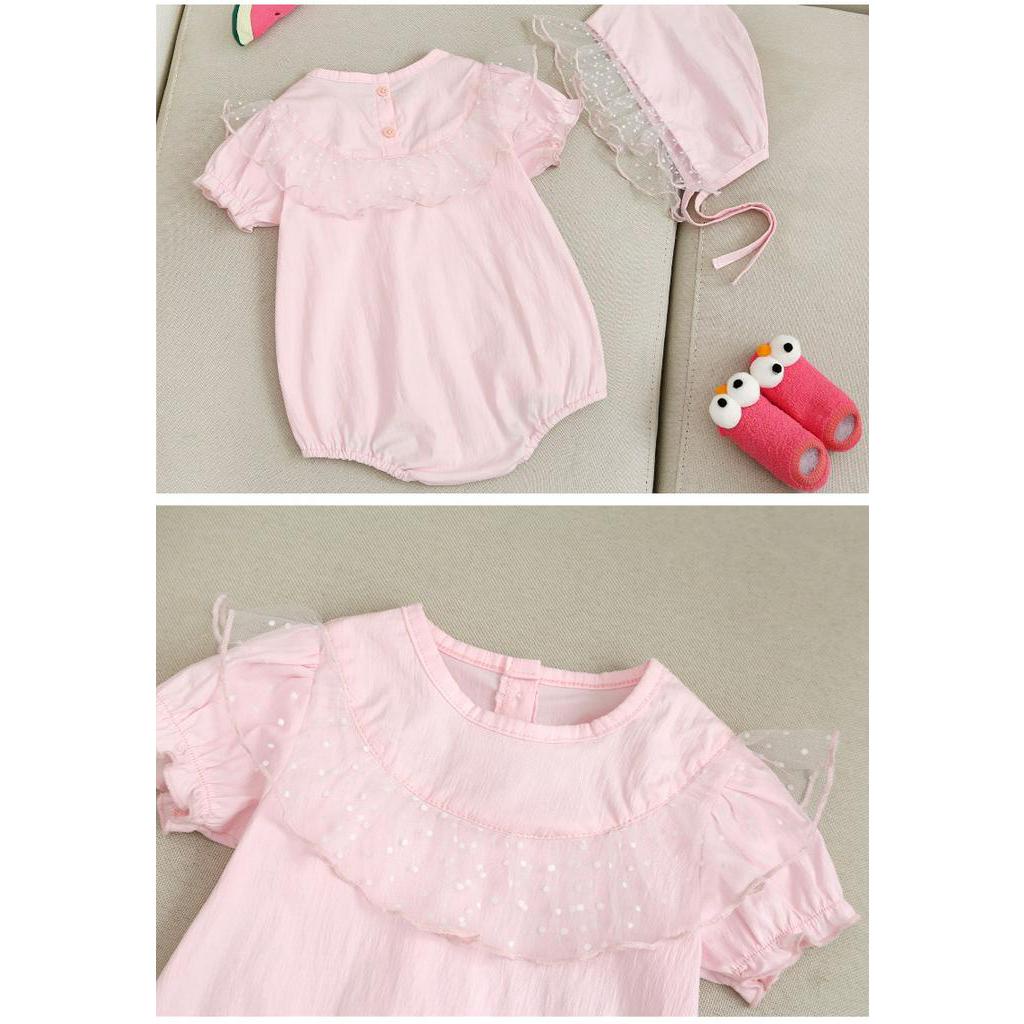 Bộ áo liền quần tay ngắn phối ren hoa và nón dễ thương cho bé