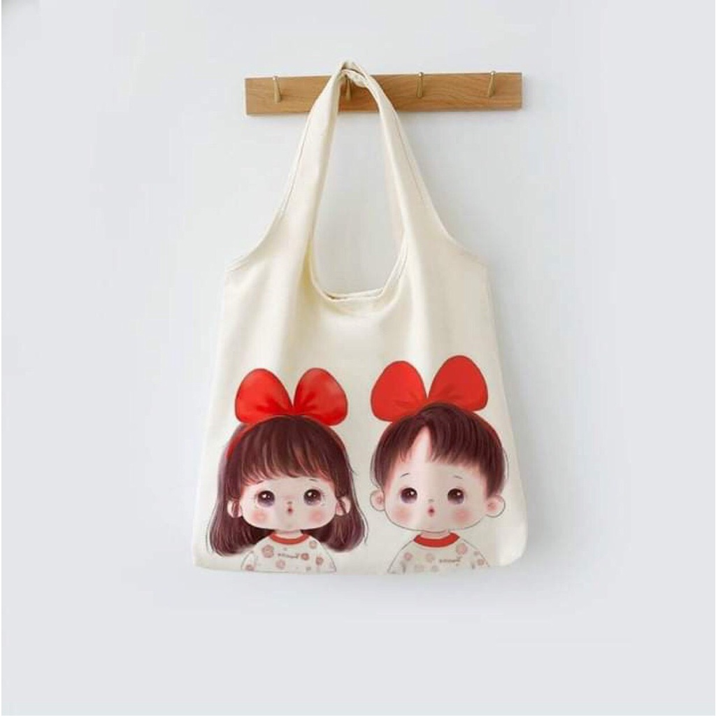 Túi Tote vải Canvas hình hai đứa trẻ phong cách hàn quốc kiểu mới deo vai vừa A4