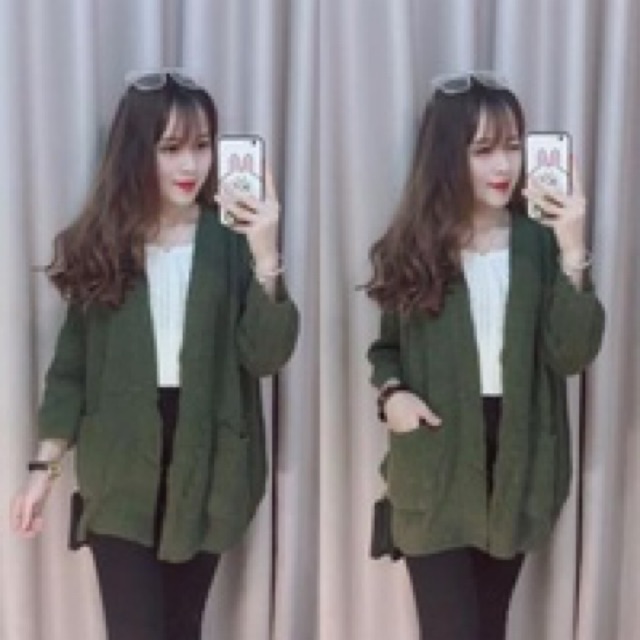 SẴN Áo khoác len cardigan xanh rêu