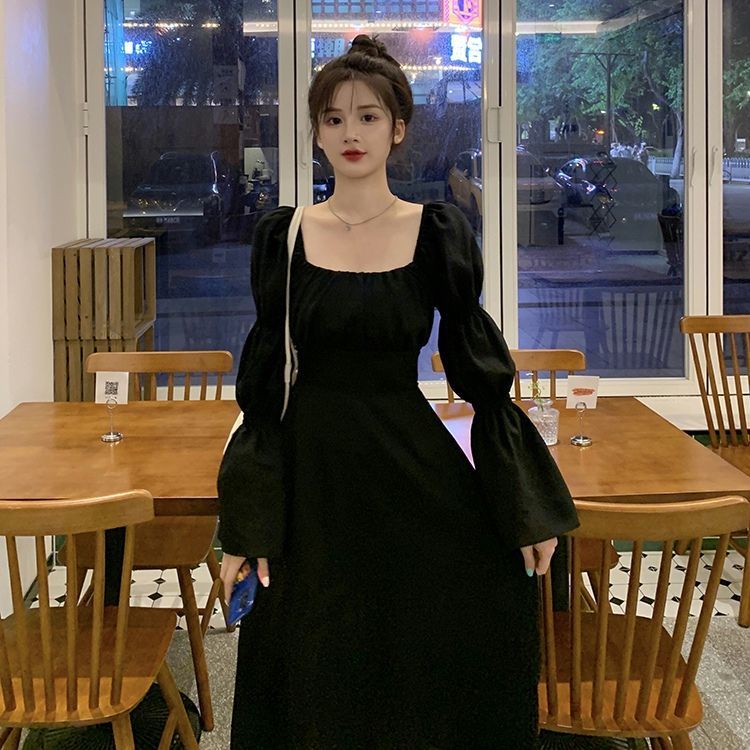 Đầm chữ A cổ vuông tay phồng thời trang mùa thu cho nữ