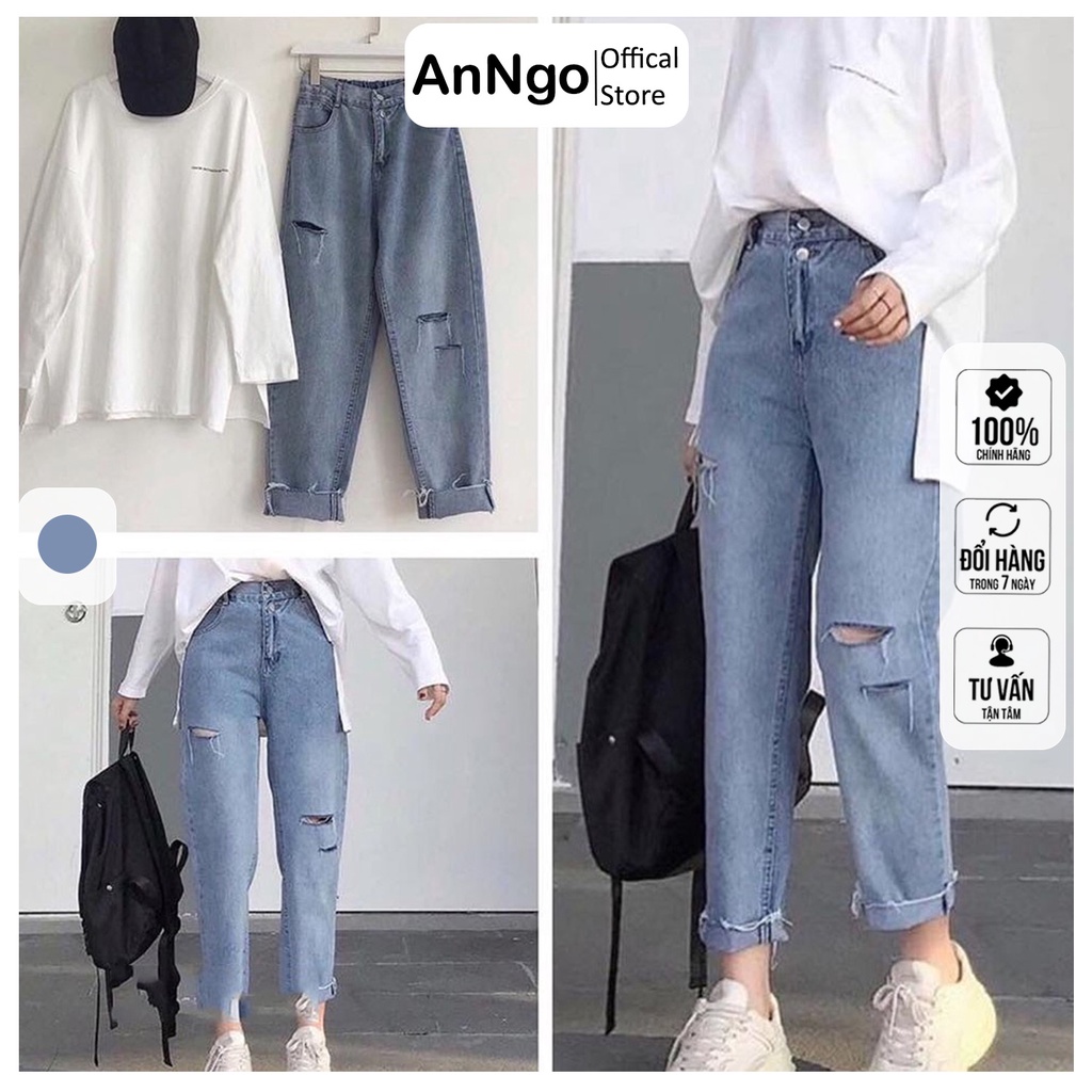 Quần jean nữ baggy rách cực hot, không co giãn AnNgo - AT53