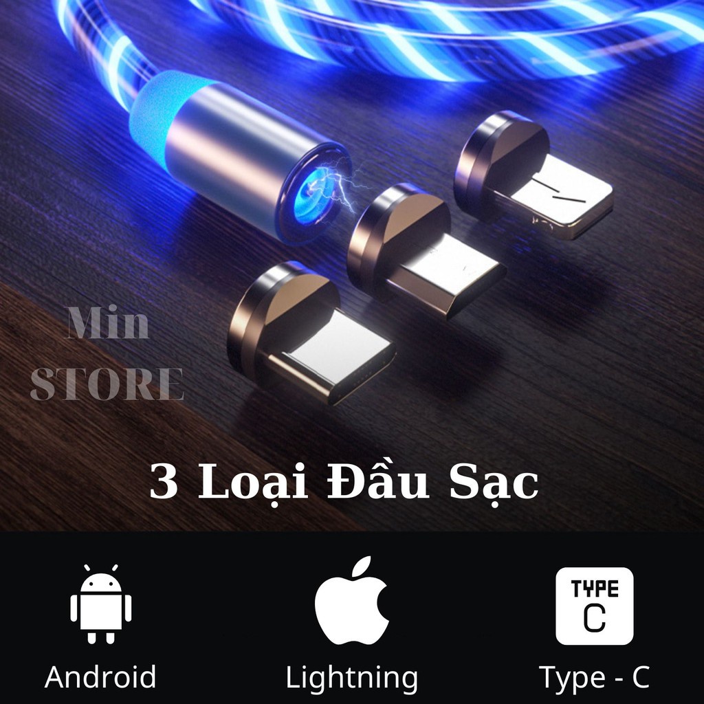 Cáp sạc nam châm đầu IP- micro USB-typeC. Đầu sạc từ hút nam châm xoay 360 độ dây dù,có LED cao cấp