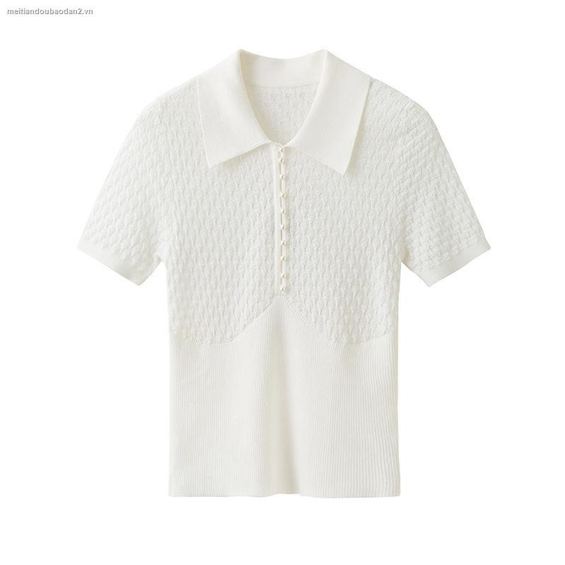 Áo polo dệt kim ZHELIHANGFEI tay ngắn thêu họa tiết đính ngọc trai phong cách thời trang cao cấp cho nữ
