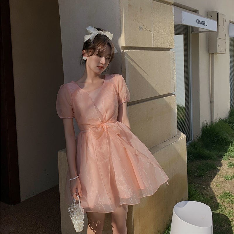 Đầm dáng xòe phối nơ tay ngắn mini Emilyshop