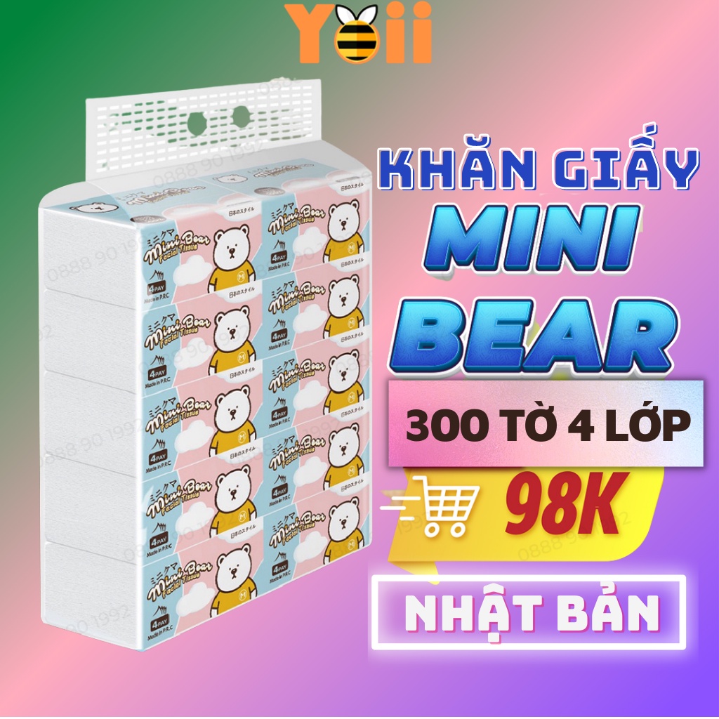 Thùng khăn giấy mini bear Nhật, 300 tờ giấy rút 4 lớp loại mềm mại dẻo dai, an toàn cho da