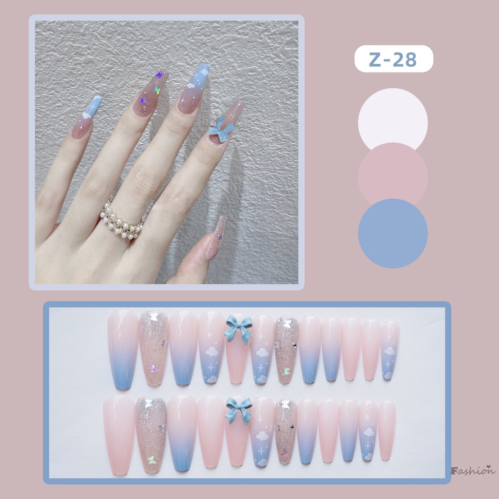 Set 24 Móng Tay Giả Màu Xanh Gradient Thời Trang Cá Tính