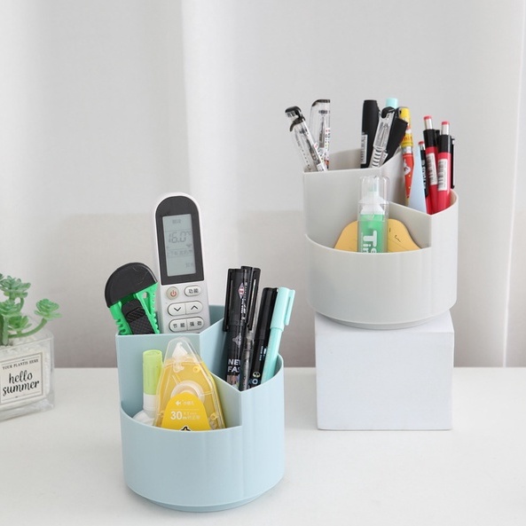 Ống Đựng Bút Để Bàn Xoay 360 Độ 3 Ngăn Đa Năng Decor Bàn Học Phòng Làm Việc