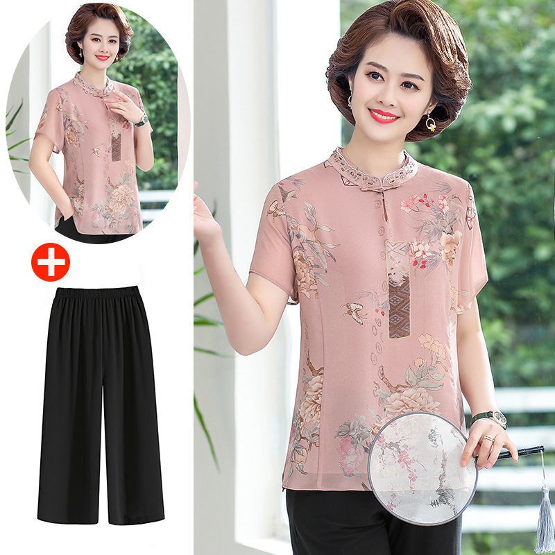 Mẹ phong cách phương Tây áo sơ mi voan ngắn tay mùa hè hai mảnh Bộ đồ thời trang nữ 40 tuổi 50