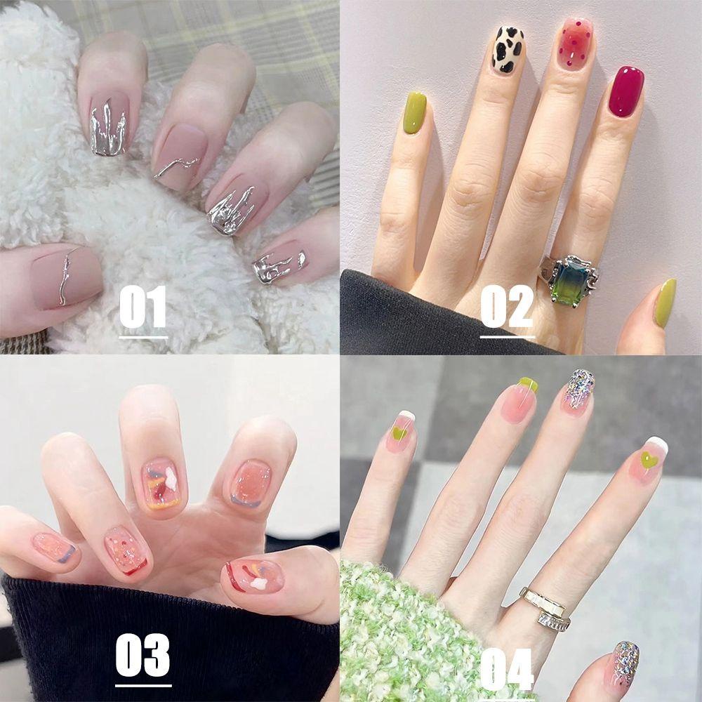 MIHAN1 Hộp 24 Móng Tay Giả Đầu Tròn / Vuông Đính Kim Sa Lấp Lánh