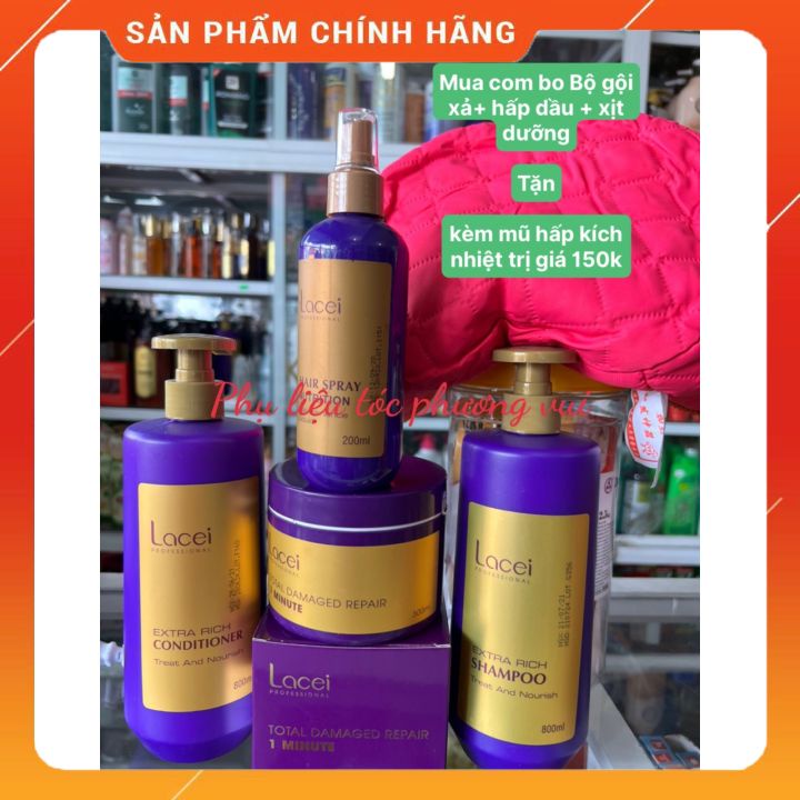 Com bo dầu gội 800ML+dầu xả +xịt dưỡng 200ML+hấp dầu 300ML  lLACEI TÍM -PHỤC HỒI HƯ TỔN (TẶNG KÈM MŨ HẤP DA