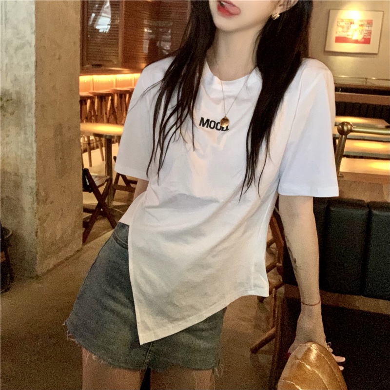 Áo Thun Tay Ngắn Cổ Tròn Thêu Họa Tiết Phong Cách Hàn Quốc Cho Nữ