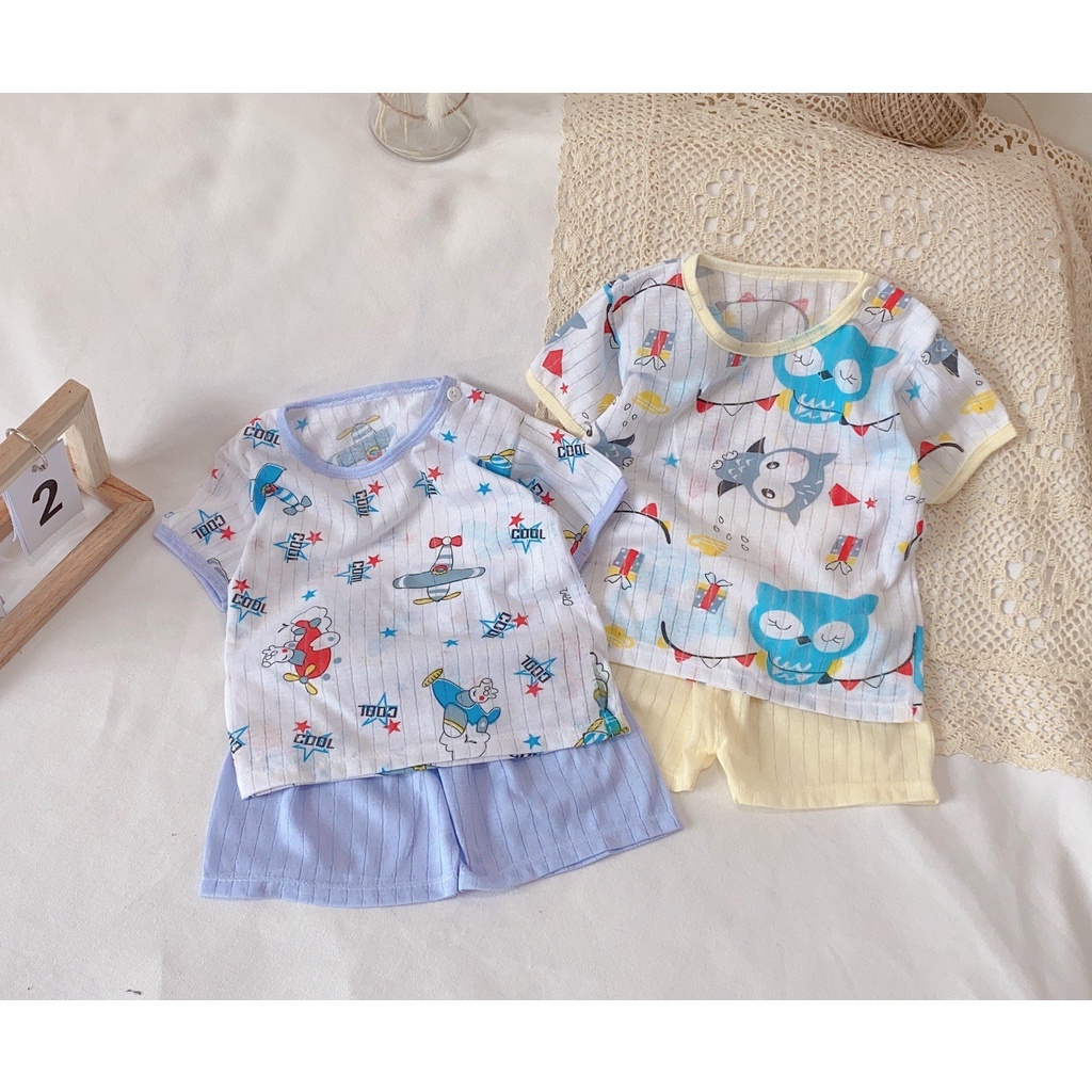 Đồ bộ quần áo cộc tay cho bé trai và bé gái chất cotton giấy từ 16kg AM240
