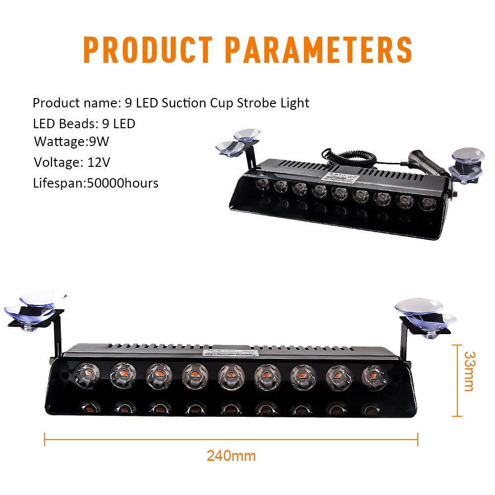 9 hạt LED Đèn xe Cảnh sát Đèn nhấp nháy Đèn cảnh báo khẩn cấp Đèn cảnh báo 16 Chế độ đèn nháy cho xe tải SUV