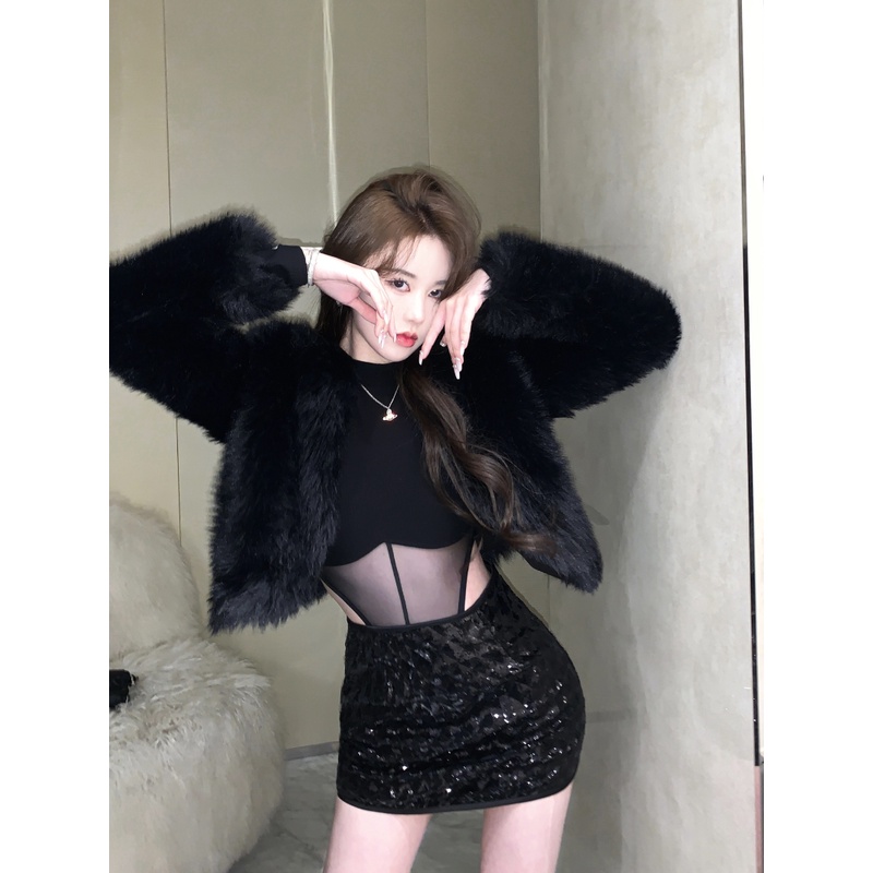 Áo Dệt Kim Tay Dài/Chân Váy Lưng Cao Đính Kim Sa Quyến Rũ Thời Trang Cho Nữ