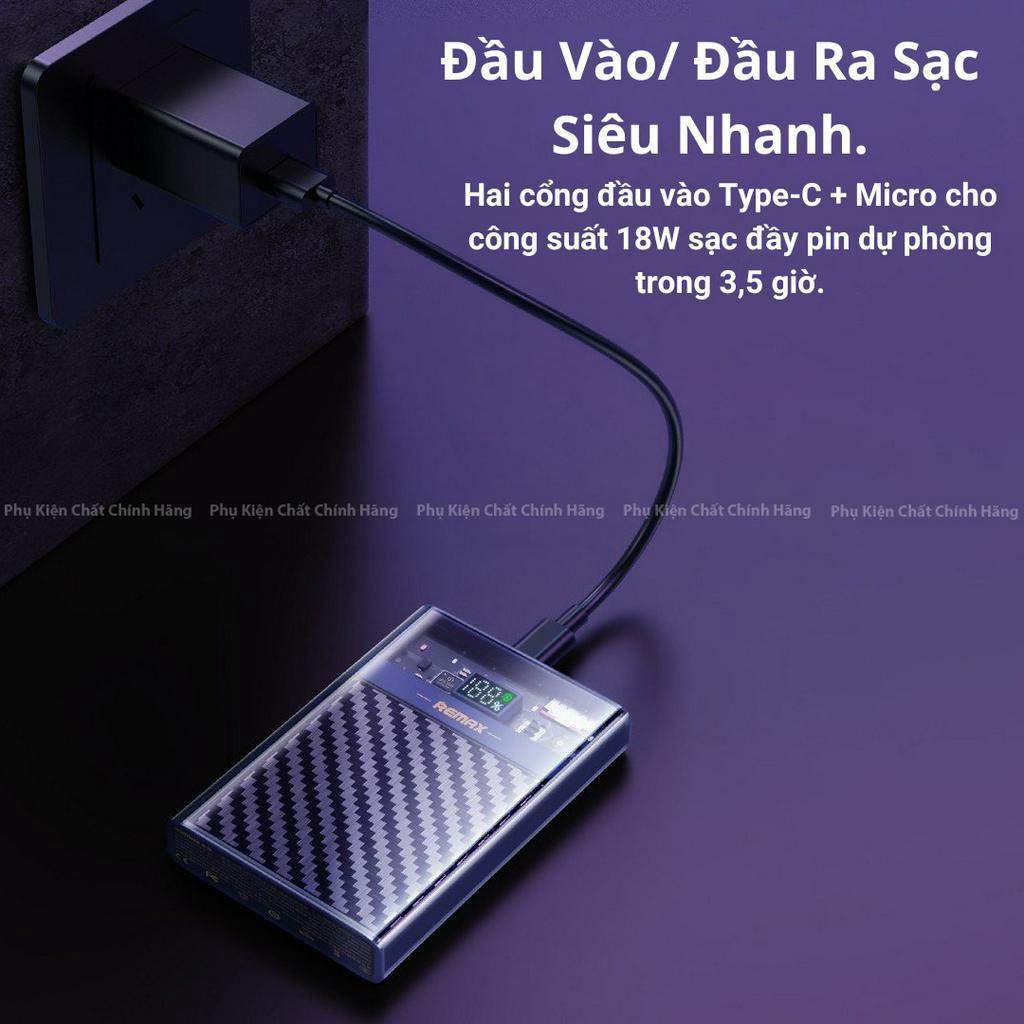 Sạc Dự Phòng Sạc Nhanh 22.5W Trong Suốt Dung Lượng10.000mAh Remax RPP-551 Thiết Kế Có Led Báo % Pin.