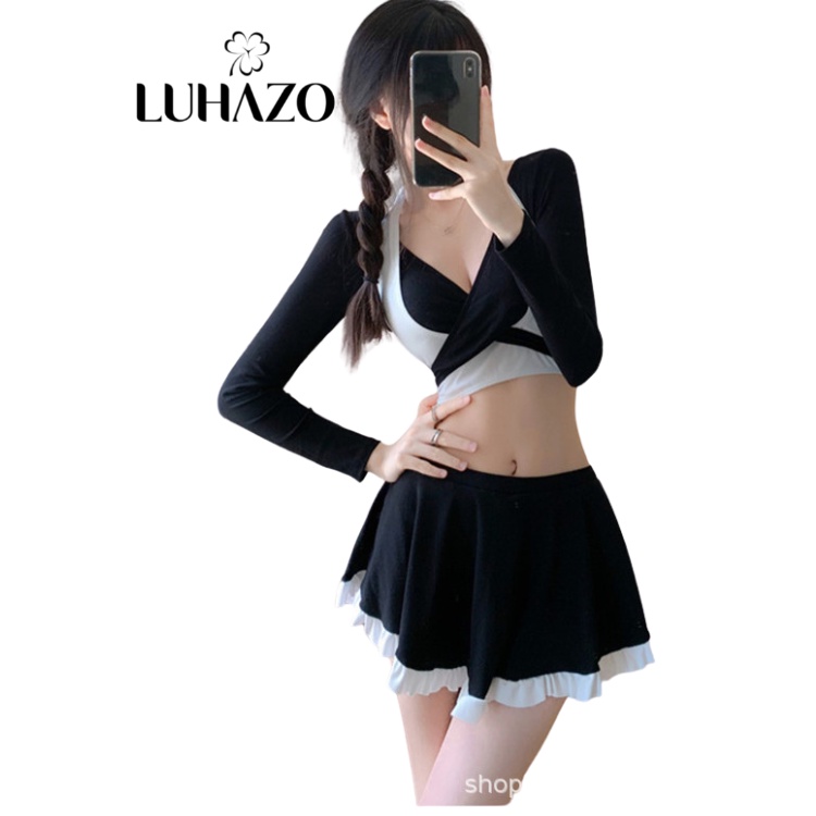 Bikini LUHAZO dài tay 2 mảnh đồ bơi đi biển dài tay kín đáo sexy Hàn Quốc cạp cao nâng ngực váy hở lưng 8405 DK8T103