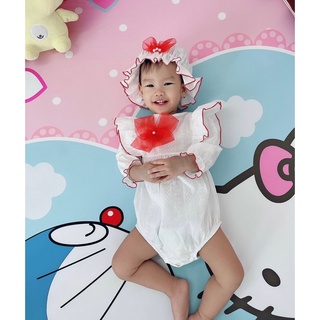 Body nơ đỏ trắng lụa kết hợp mũ cho bé