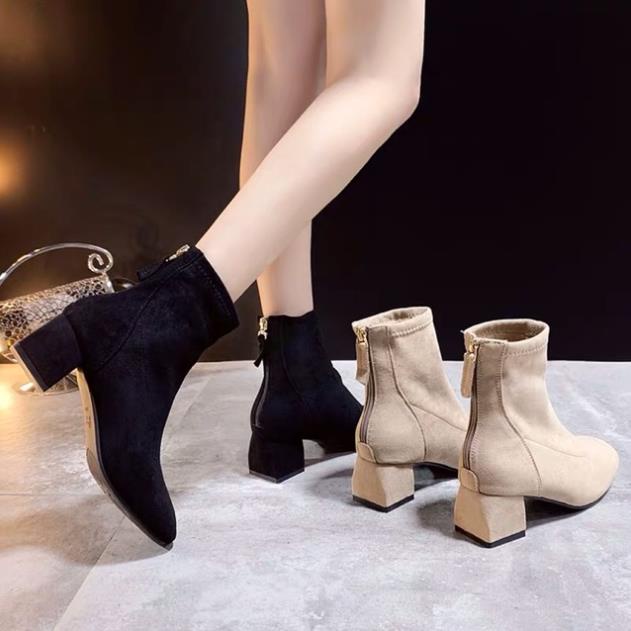 🕎 (Hàng sẵn) Giày Bốt Da Lộn Nữ,Boots Cao Cổ Đế Vuông 5cm, Có Lót Lông Khoá Kéo Sau A88