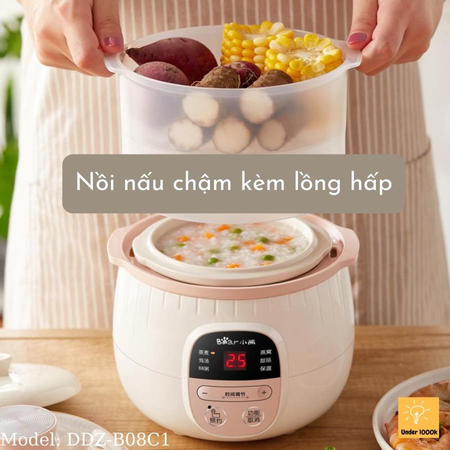 Nồi nấu cháo chậm BEAR, nồi nấu hầm cách thủy đa nămg Bear 0.8 lít - Hàng chính hãng BH 12 tháng