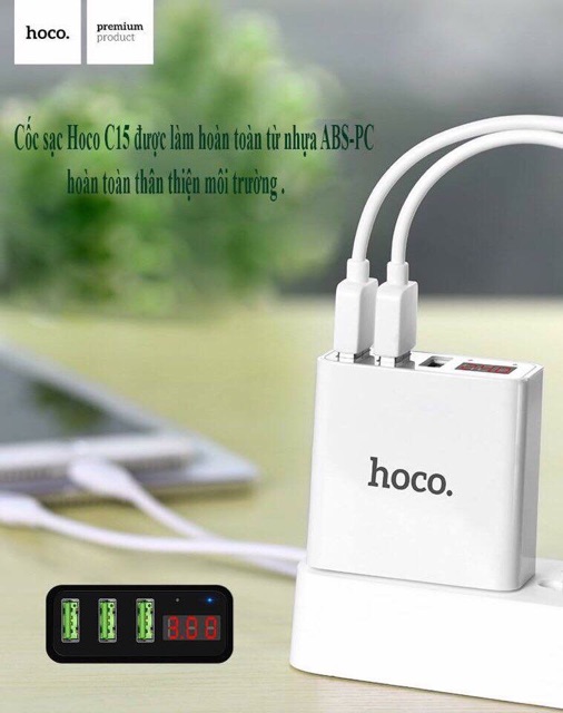👍Củ Sạc Hoco C15 Sạc 3 Cổng USB Đầu Tiên Trên Thế Giới Có Đồng Hồ Đo Dòng Điện