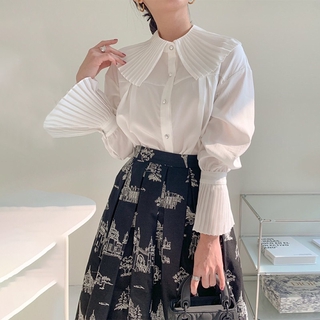 [ORDER] Set áo sơ mi chic xếp ly và chân váy chữ A sang trọng hai màu trắng nâu ulzzang