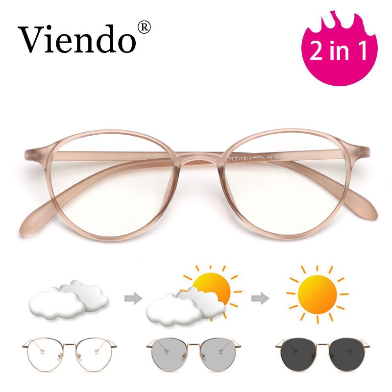 Kính mắt VIENDO gọng tròn nhựa dẻo tròng đổi màu chống ánh sáng xanh chống tia UV hỗ trợ độ cận thời trang