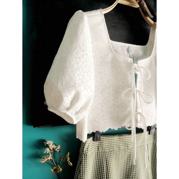 Linh Lan top /áo crop top tay phồng cột nơ / áo kiểu nữ ngắn cột nơ xinh xắn