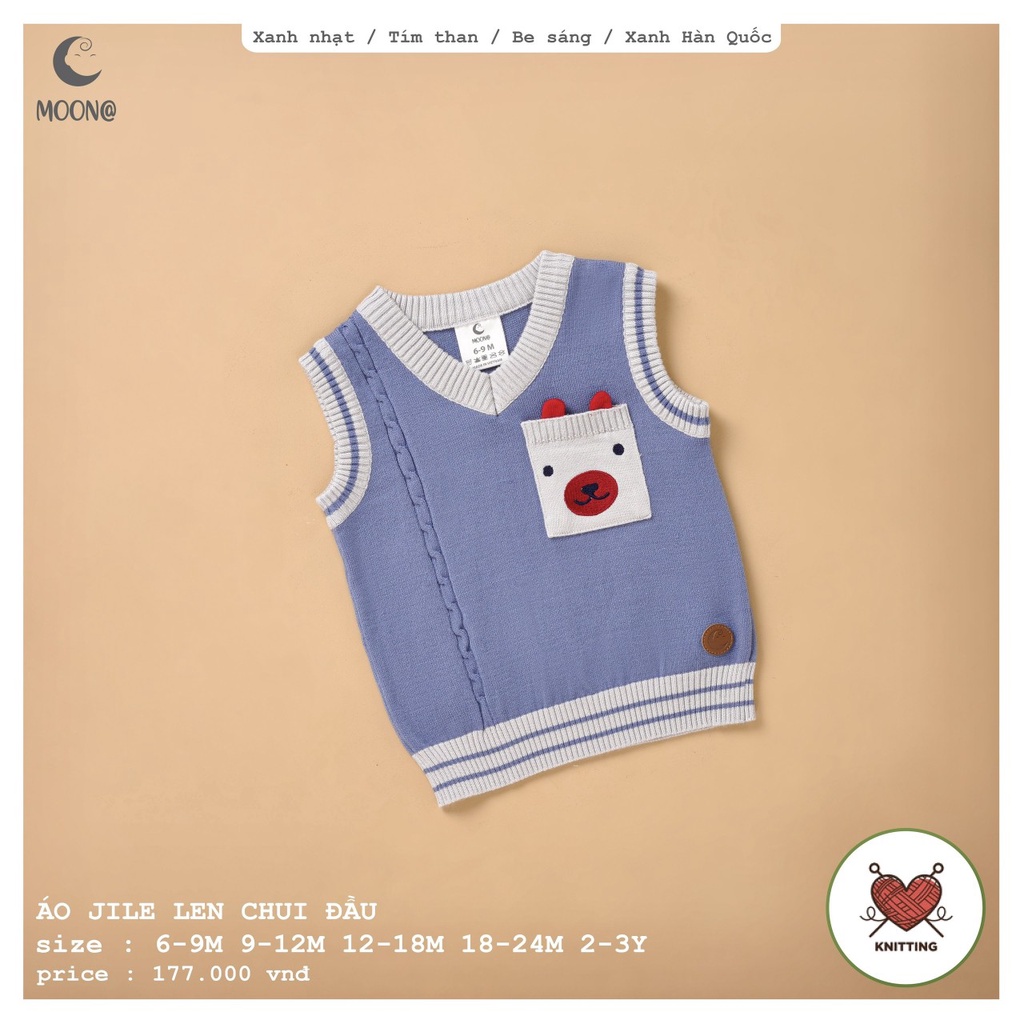 [CHÍNH HÃNG] Áo gile len trẻ em chui đầu phối túi ngực họa tiết động vật ngộ nghĩnh Moon
