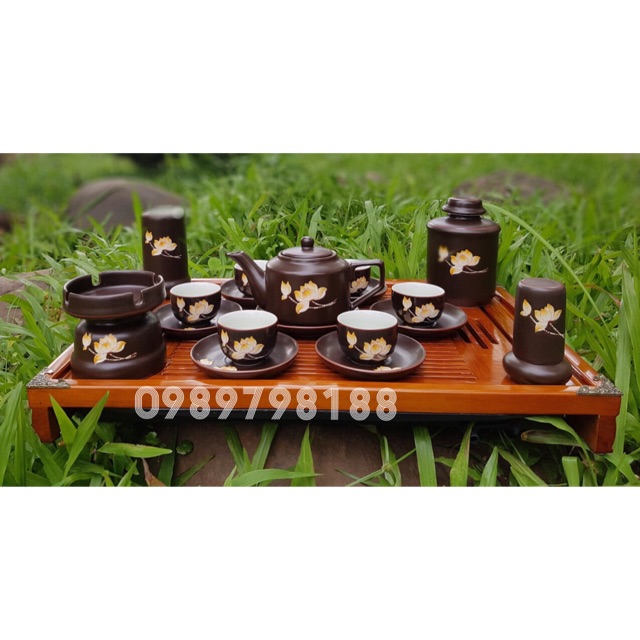 Bộ ấm chén vẽ sen gốm sứ Bát Tràng 