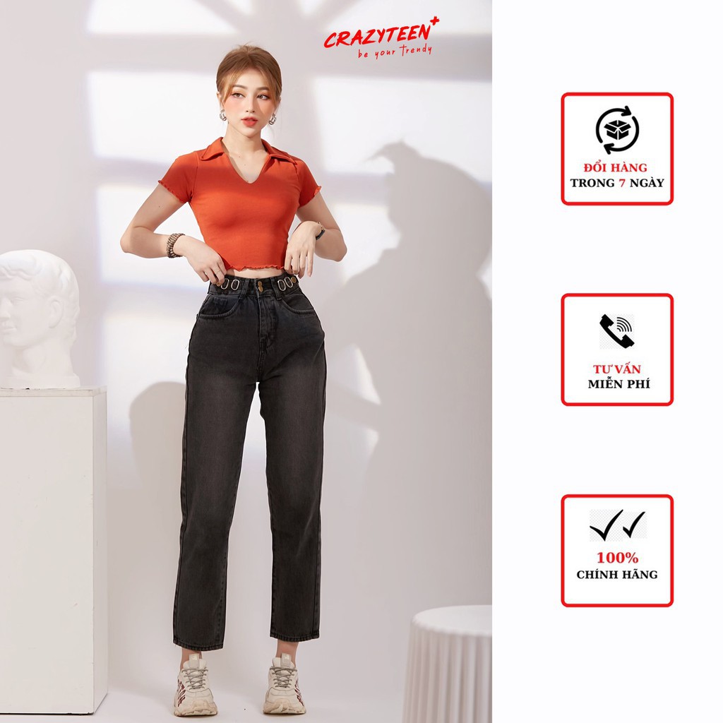 Quần jeans nữ CRAZYTEEN dáng baggy phối bản lưng K0104