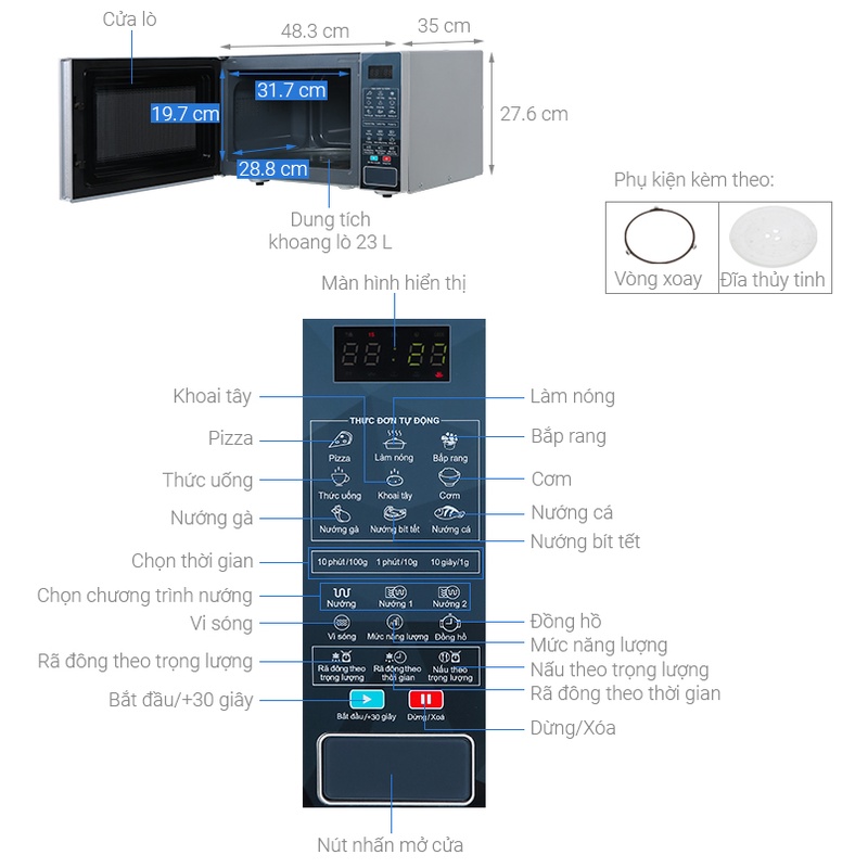 Lò vi sóng Sharp R-G378VN-CS (Bảng điều khiển điện tử, có nướng, 23 lít, hàng chính hãng, bảo hành 12 tháng)