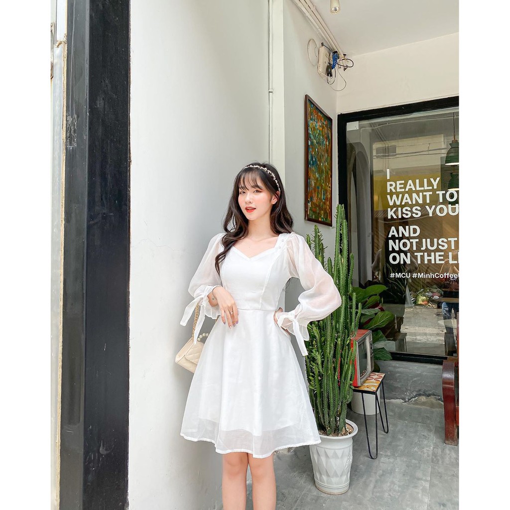 Đầm Cao Cấp,  Đầm dạo phố dáng xòe ELSA Dress cổ vuông phối nút bọc tay nơ [BAO ĐẸP, BAO XINH]