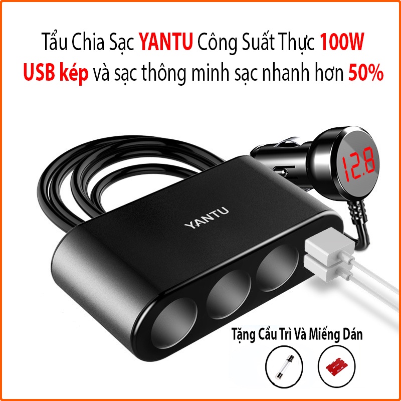 Bộ chia tẩu sạc ô tô  YANTU 3 cổng tẩu - 2 cổng USB, có đèn led hiện thị điện áp- BH 12 tháng