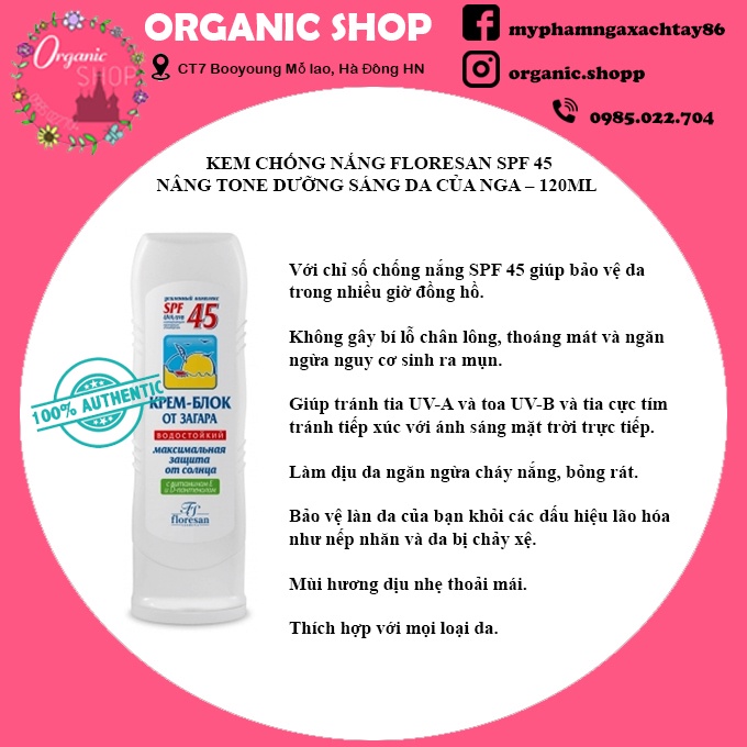 Kem chống nắng trắng da floresan spf 45