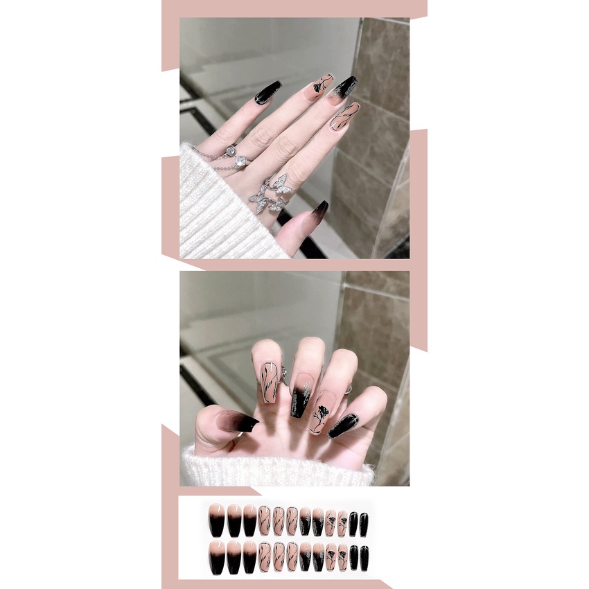 set 24 móng tay giả dài vuông họa tiết hoa hồng Jojo móng giẩ nailbox rẻ đẹp móng úp thời trang tự làm tại nhà