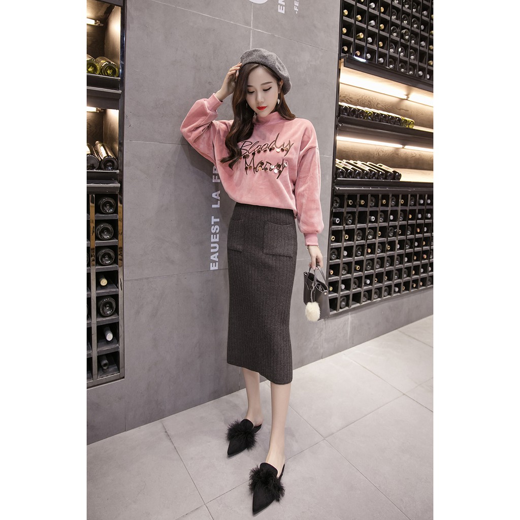 Chân váy len tăm midi dáng dài xẻ 2 túi 8181 2H02