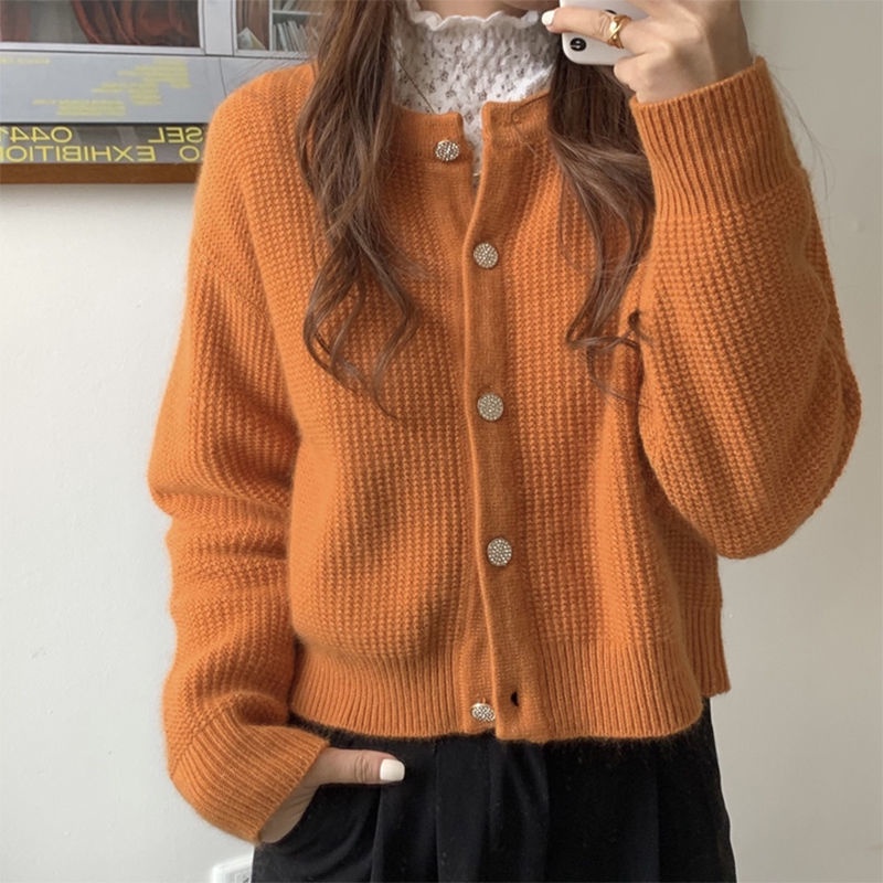 Áo Khoác Cardigan Dệt Kim Cổ Tròn Dáng Ngắn Phong Cách Hong Kong Thời Trang Cho Nữ