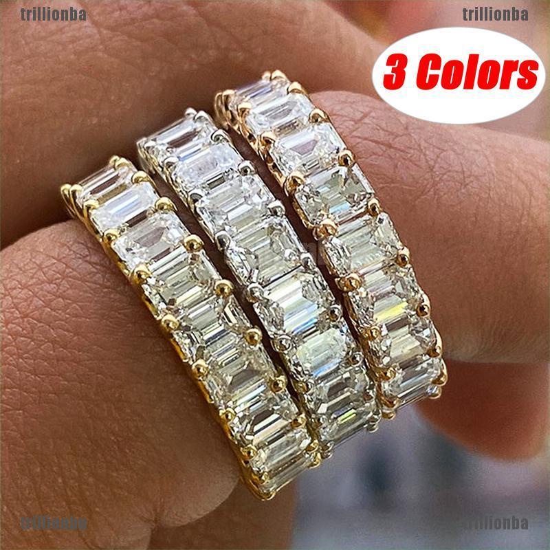 （trillionba）Luxury Paved Square Cubic Promise Love Rings Engagement Wedding Jewelry Drop