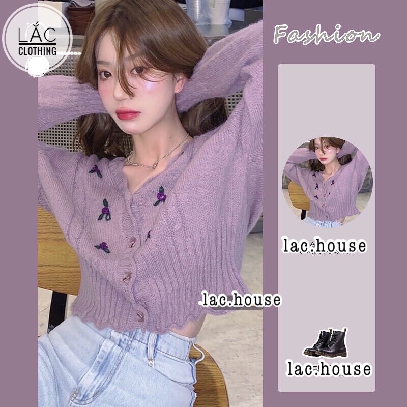 Áo Len Tím Hoa Dài Tay Dáng Croptop