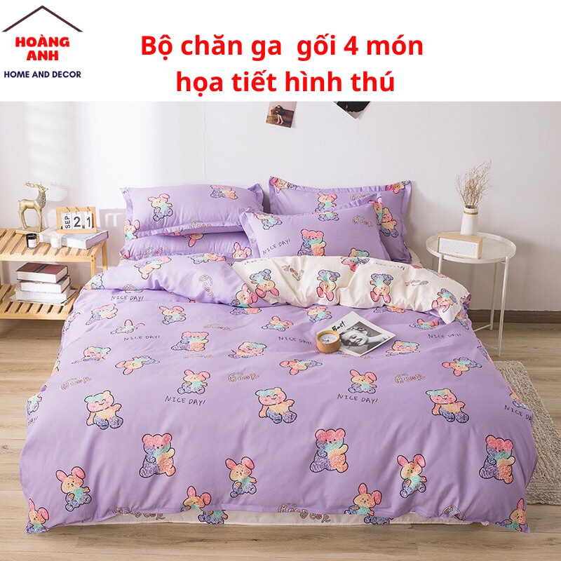 Bộ Chăn Ga Gối, Set Ga Gối Nệm Drap Họa tiết hình thú đáng yêu kích thước 1m2, 1m4, 1m6, 1m8, 2m2 Hoàng Anh
