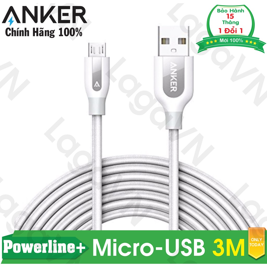 [Freeship toàn quốc từ 50k] Cáp sạc siêu bền ANKER Powerline+ Micro-USB Nylon dài 3m cho Android (Trắng)