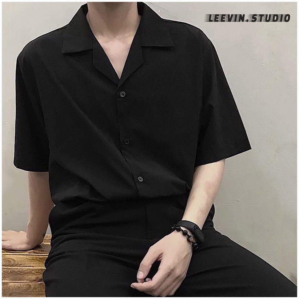 Áo sơ mi ngắn tay Nam Nữ Cổ Vest TRƠN trắng và đen - Kiểu sơ mi tay ngắn form rộng Leevin Store - HÀNG MỚI VỀ