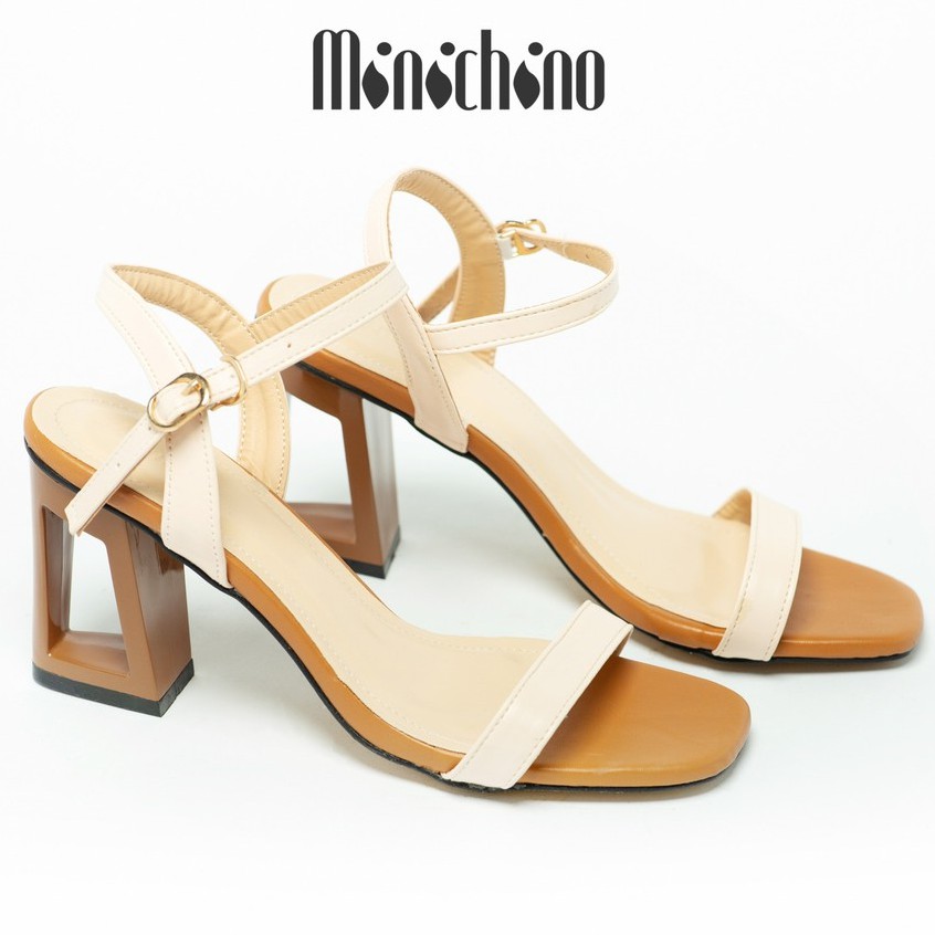 Giày sandal nữ gót cao 7cm MINICHINO đế khoét lỗ hở mũi, phối dây thời trang màu kem TC044