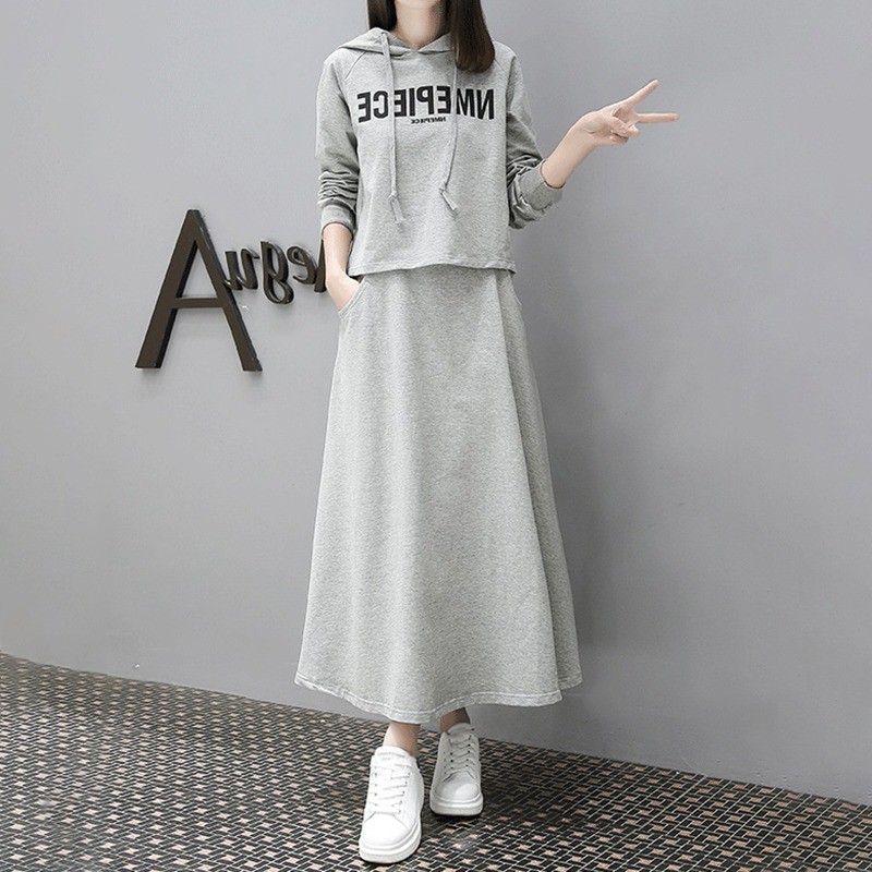 [Baywellfashion]Autumn New Loose Casual Letter Print Women Sets Fashion Trend Hooded Top Ankle-length Skirt 2 Pieces Sets