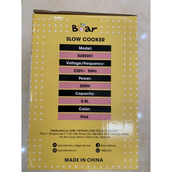 NỒI NẤU CHÁO CHẬM , CHƯNG YẾN HÃNG BEAR 0,8 LÍT SỊN